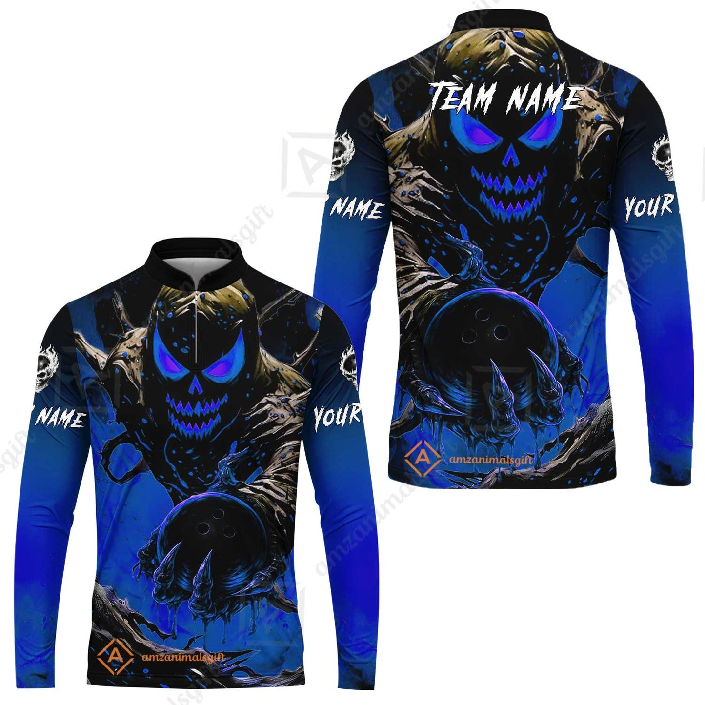 Custom Bowling Team Flat Neck Zip Jersey Shirt, Devil’s Strike Devil’s Strike Power Bowling Edition, Personalized Team Shirt with Custom Name