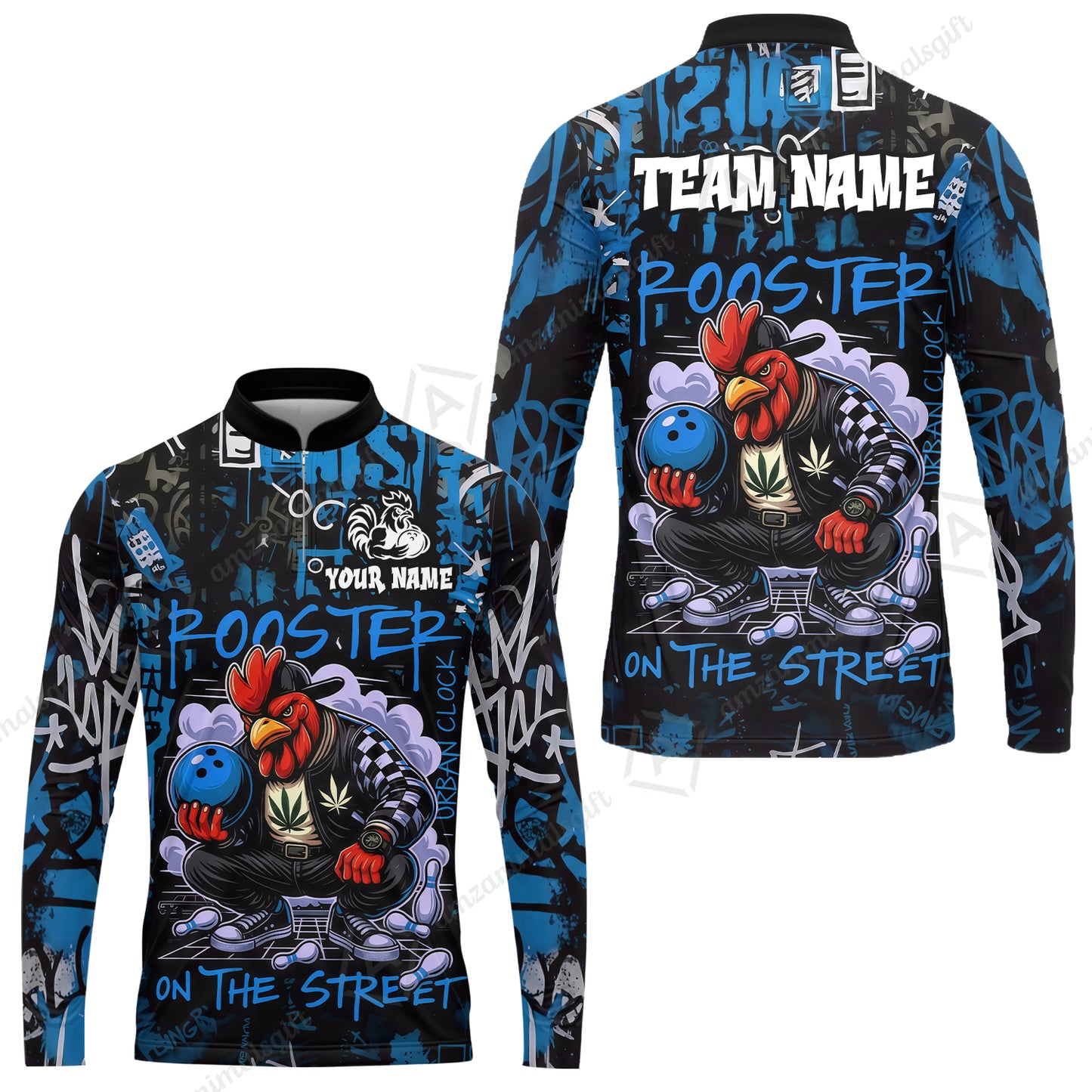 Customized Bowling Unisex Polo Shirt, Urban Streetwear Chicken Bowling Rooster On The Street, Personalized Name Team Name