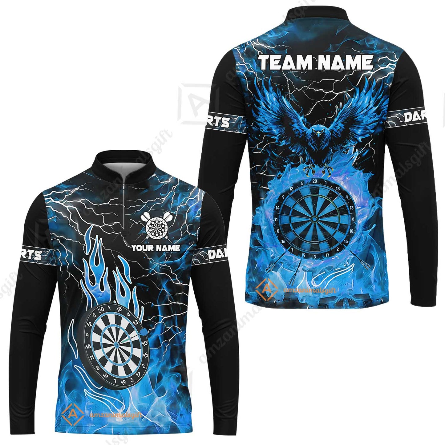 Custom Darts Team Jersey, Dartboard Fire Flame Custom Eagle Darts Jersey Polo Quarter-Zip Shirts, Custom Name And Team Name Darts Uniforms Jersey