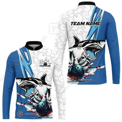 Custom Shark Bowling Team Jersey,  Shark Bowling Jersey Multicolor Polo Quarter-Zip Shirts, Bowling Uniforms Jerseys, Custom Name And Team Name
