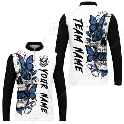 Custom Bowling Jersey Polo Shirt, Skull With Butterfly, Custom Bowling Jersey Team Shirt For Players With Name and Team Name