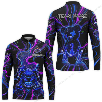 Customized Bowling Unisex Polo Shirt, Crazy Neon Bear Bowling Strike, Bowling Uniform - Personalized Name And Team Name