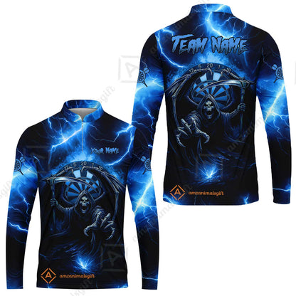 Customized Darts Long Sleeve Jersey, Darts Grim Reaper Thunder Lightning Turquoise And Blue Team Long Sleeve Jersey For Darts Player