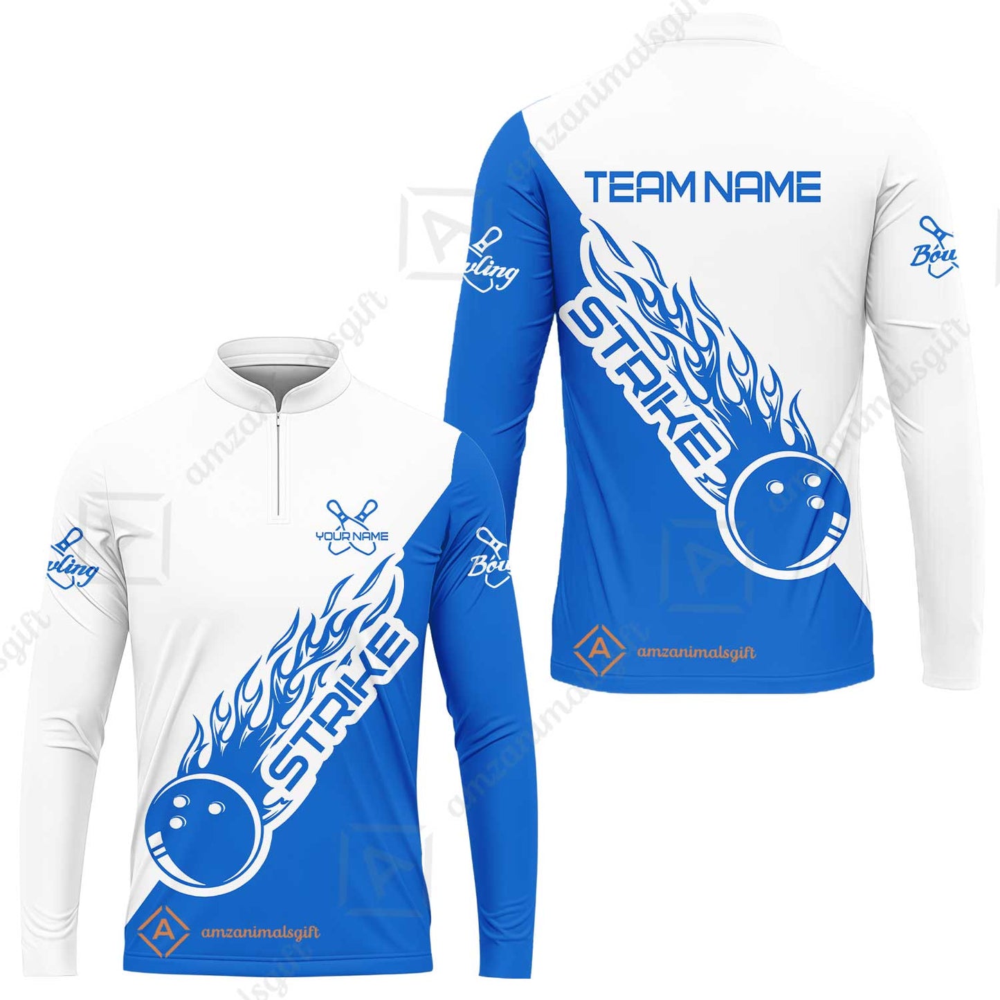 Bowling Customized Jersey White Blue Shirt Strike Ball Bowling Tenpin Quarter Zip Shirt For Bowlers, Bowling Team