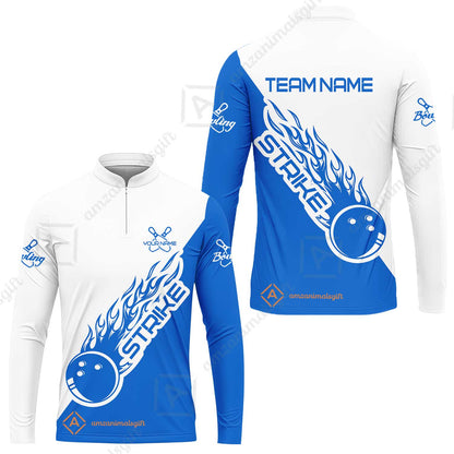 Bowling Customized Jersey White Blue Shirt Strike Ball Bowling Tenpin Quarter Zip Shirt For Bowlers, Bowling Team