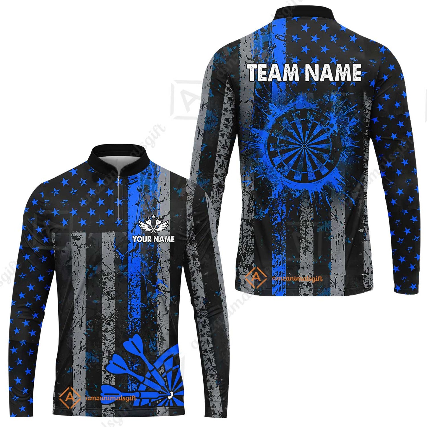 Customized Darts Long Sleeve Jersey, Turquoise Grunge US Flag Patriotic Darts Long Sleeve Jersey Team Style Jersey for Darts Players