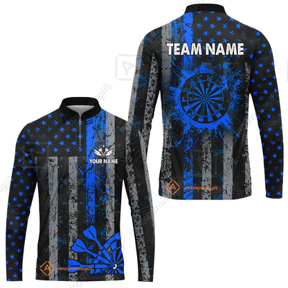 Customized Darts Long Sleeve Jersey, Turquoise Grunge US Flag Patriotic Darts Long Sleeve Jersey Team Style Jersey for Darts Players