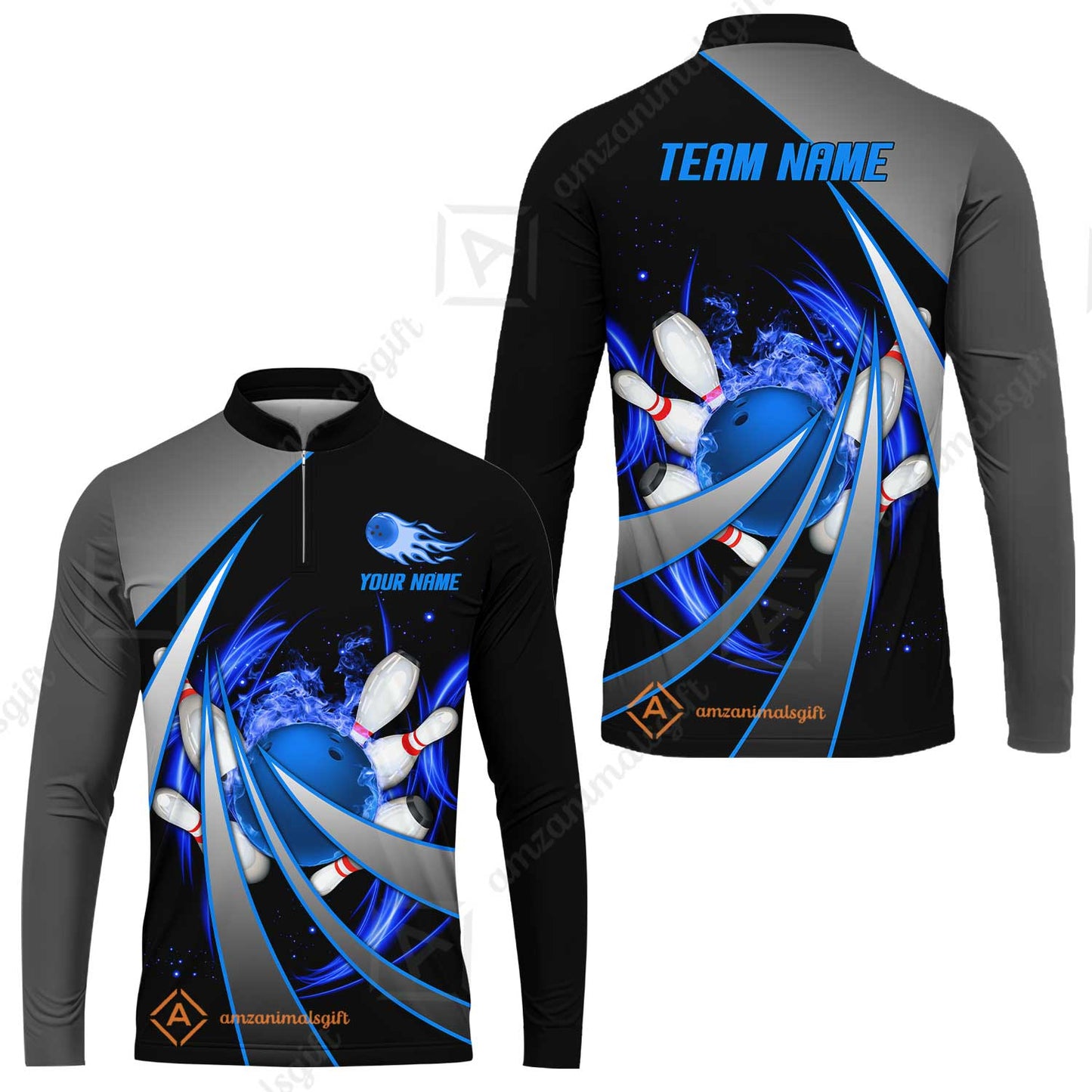 Customized Bowling Unisex Polo, Flame Bowling And Pins Tornado Pattern Multicolor Option Customized Name Zipper Polo Jerseys Shirts