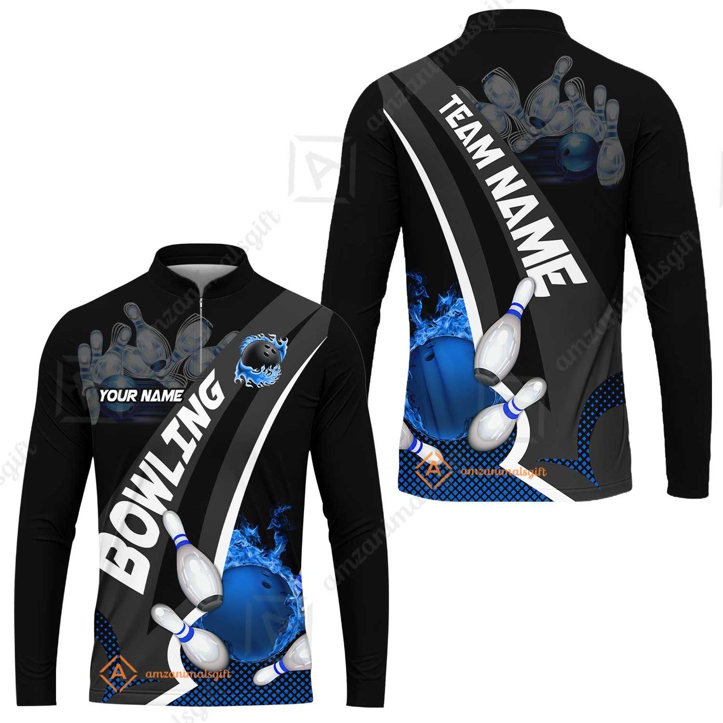 Customized Bowling Polo, Bowling And Pins Plame Premium Multicolor Option Personalized Name And Team Zipper Polo Jerseys Shirts