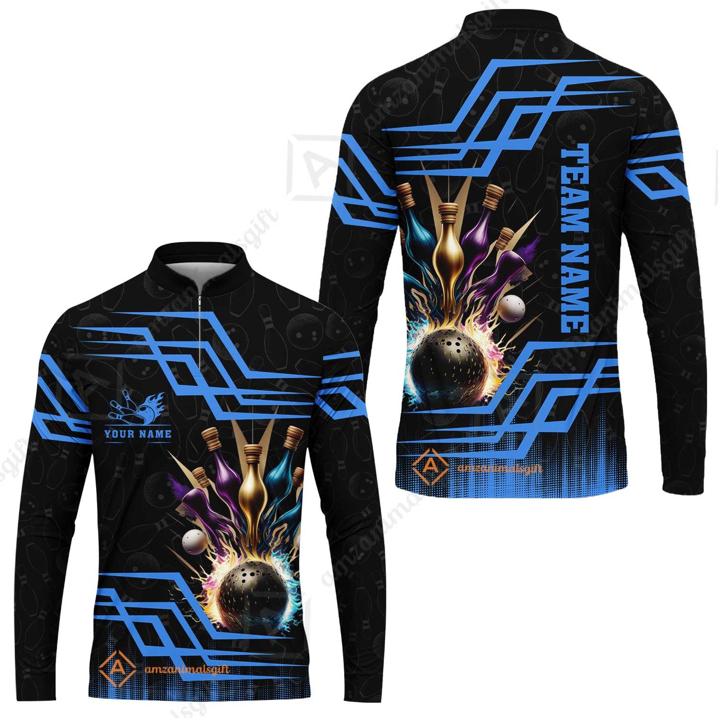 Customized Bowling Unisex Polo, Bowling And Pins Royal Multicolor Option Customized Name And Team Name For Bowling Team
