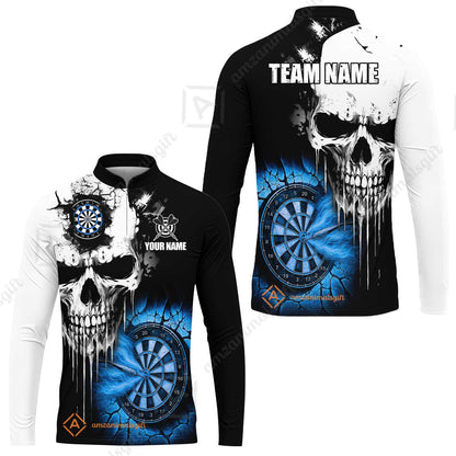 Custom Grunge Skull Crack Wall Darts Team Long Sleeve Jersey, Customized Name Team Name Darts Polo Team Jerseys Uniform
