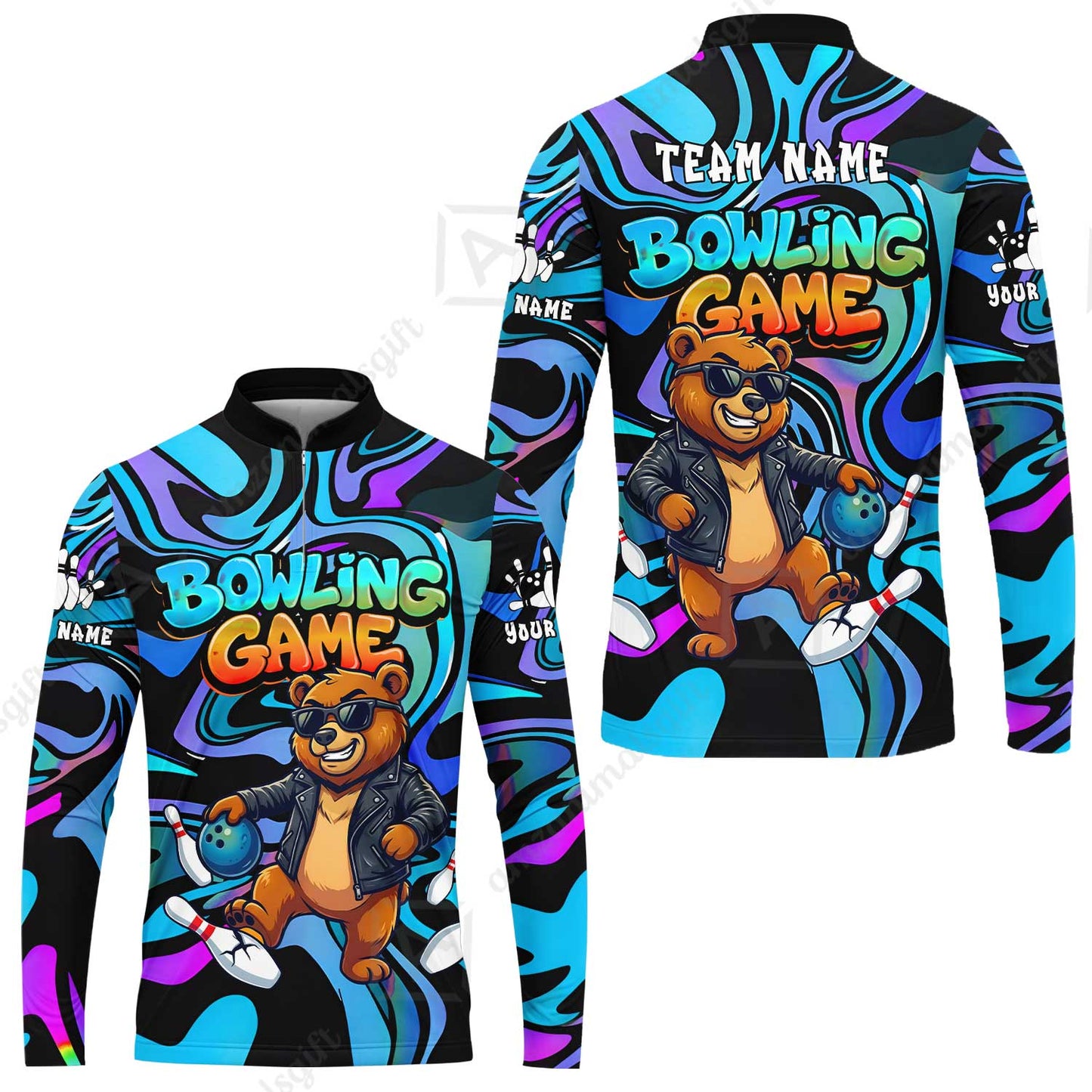 Custom Bowling Jersey Polo Shirt, Trippy Swirl Rocker Bear Graffiti Style, Custom Bowling Jersey Team Shirt For Players With Name & Team Name