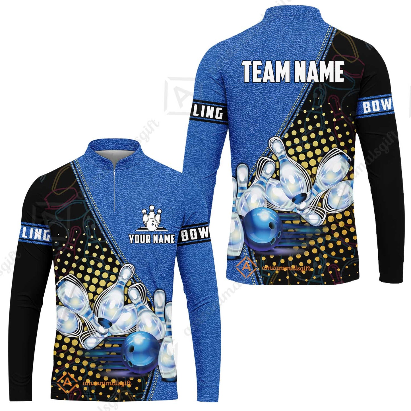Custom Bowling Long Jersey Shirt - Black And Blue Bowling Ball Pattern Personalized Name Long Jersey Shirt