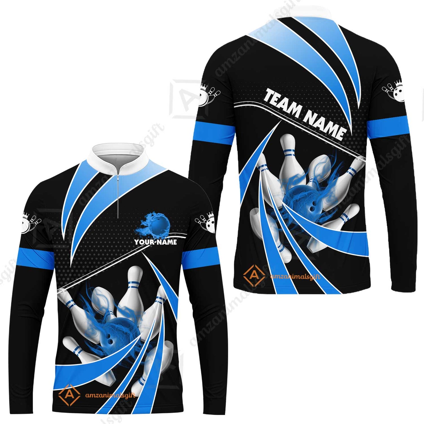 Customized Bowling Long Sleeve Jersey, Bowling Ball & Pins Fire Light Sport Long Sleeve Jersey Multicolor Option For Bowlers