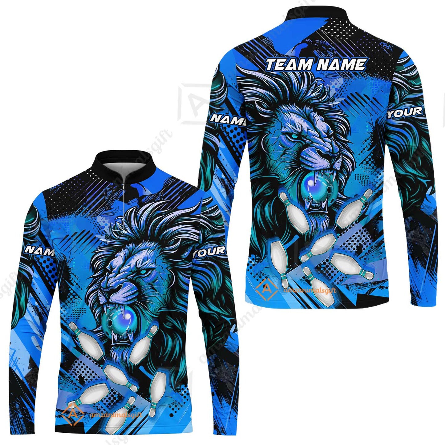 Custom Bowling Team Jerseys Shirts, Bowling uniforms Ball & Pins Lion Pattern Personalized Name And Team Name