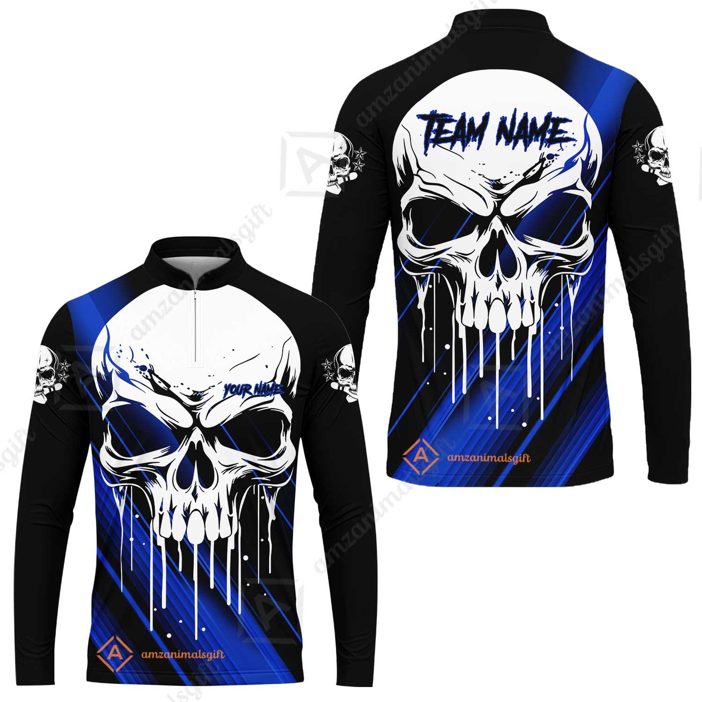 Customized Bowling Polo, Blue Skull Bowling Creepy Style Bowling jerseys Custom Name And Team Shirt