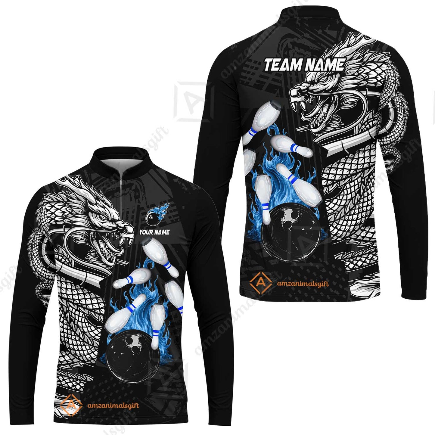 Custom Bowling Team Jerseys Polo Shirts, Bowling uniforms Bowling & Pins Dragon Flame Fire Multicolor Options Personalized Name And Team Name