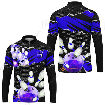 Personalized Bowling Team Long Sleeve Jersey, Bowling Uniforms Ball & Pins Sport Pattern Custom Name And Team Name
