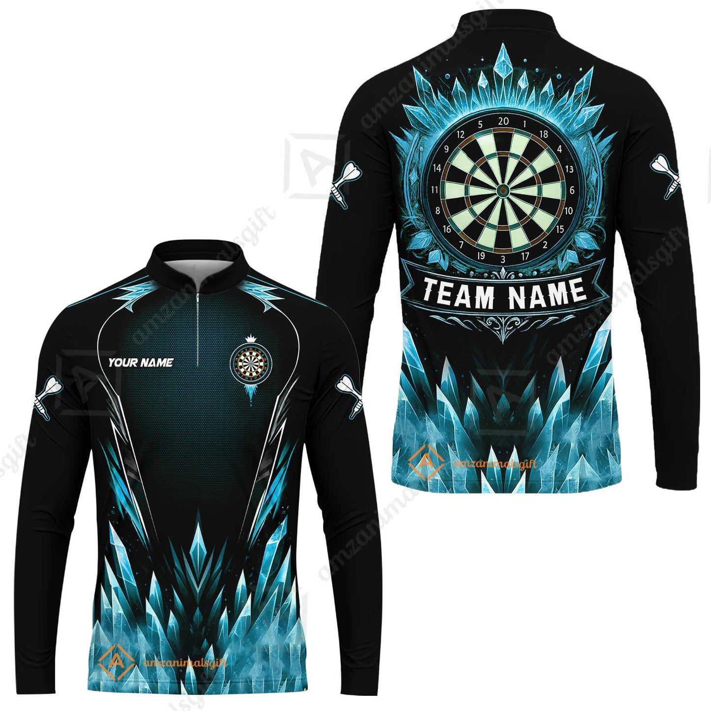 Custom Blue Ice Dartboard Jersey Polo Quarter-Zip Team Shirts, Customized Name Team Name Darts Team Jerseys Uniform
