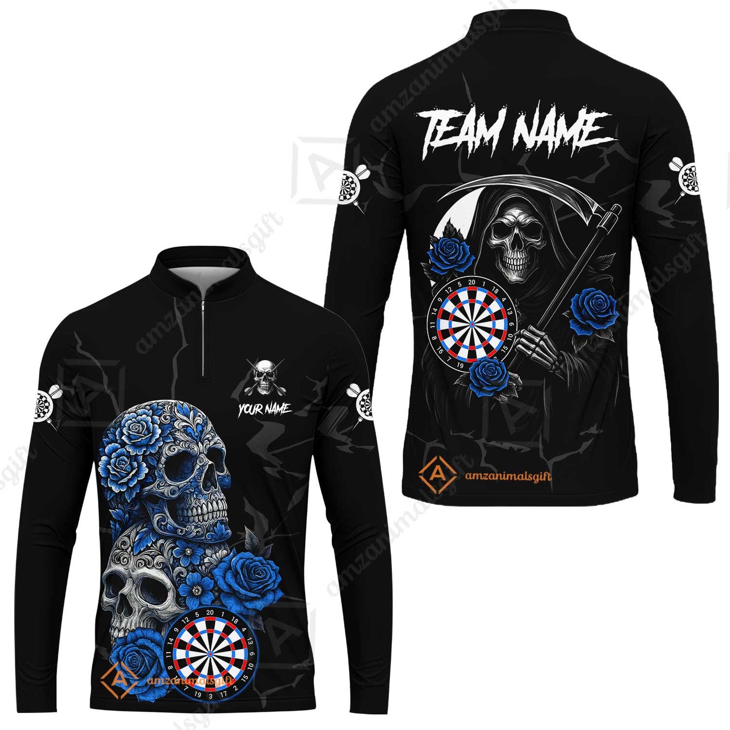 Customized Darts Long Sleeve Jersey, Darts Turquoise Skull Roses Dartboard Zip Polo Style Jersey for Darts Players