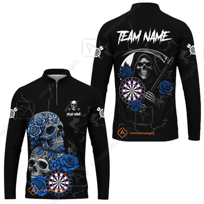 Customized Darts Long Sleeve Jersey, Darts Turquoise Skull Roses Dartboard Zip Polo Style Jersey for Darts Players