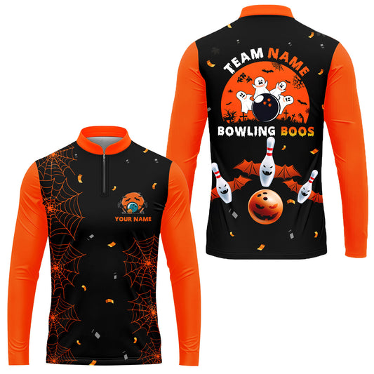 Customized Bowling Ball Halloween Moon Collar Quarter-Zip Long Sleeve Shirt, Bowling uniforms Bowling And Boos Funny Halloween Ghost Polo Shirts