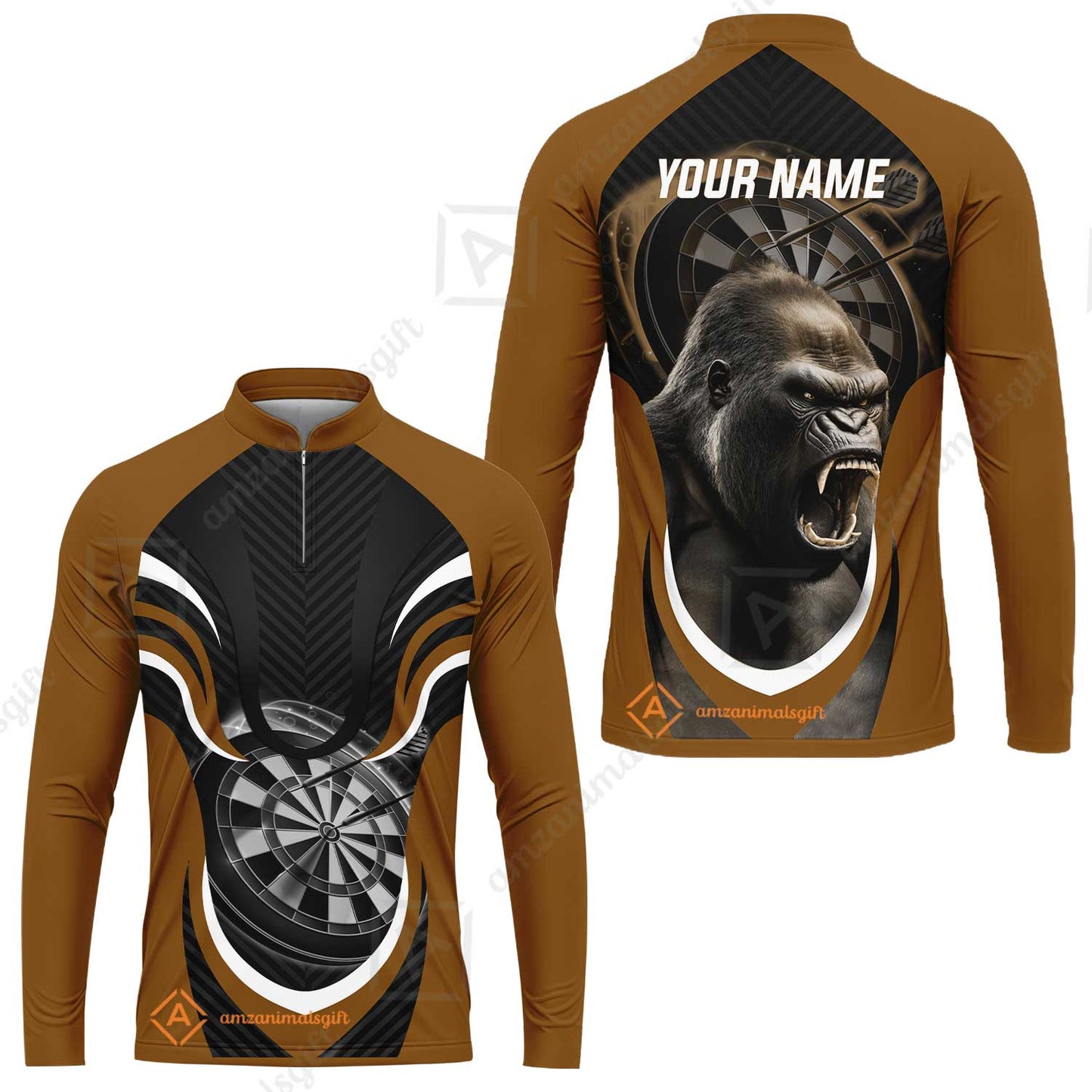 Gorilla And Darts Custom Name Men Polo Shirt, Bullseye Dartboard Brown Personalized Men Polo Shirt Gift For Darts Lovers, Team, Friends