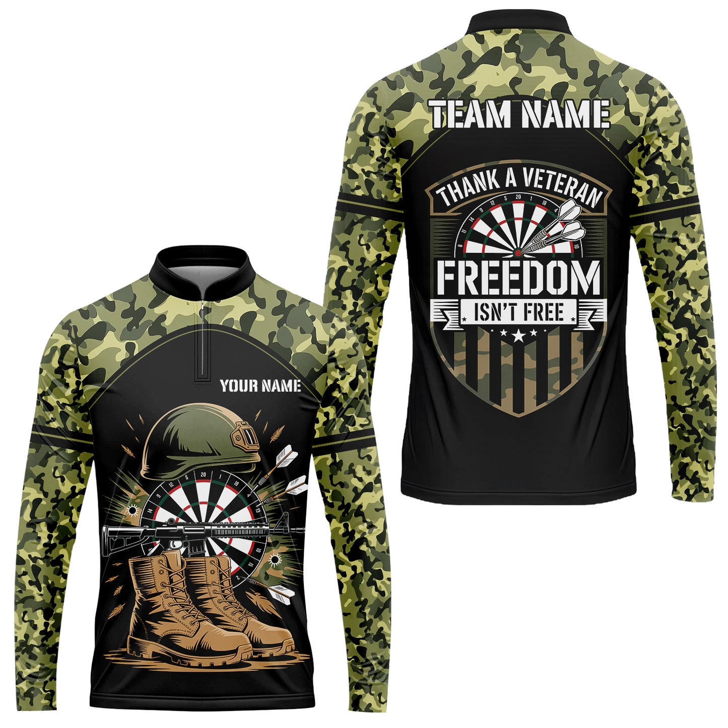 Custom Military Green Camouflage Dartboard Collar Quater-Zip Jersey Team Shirts, Customized Name Team Name Darts Team Jerseys Uniform