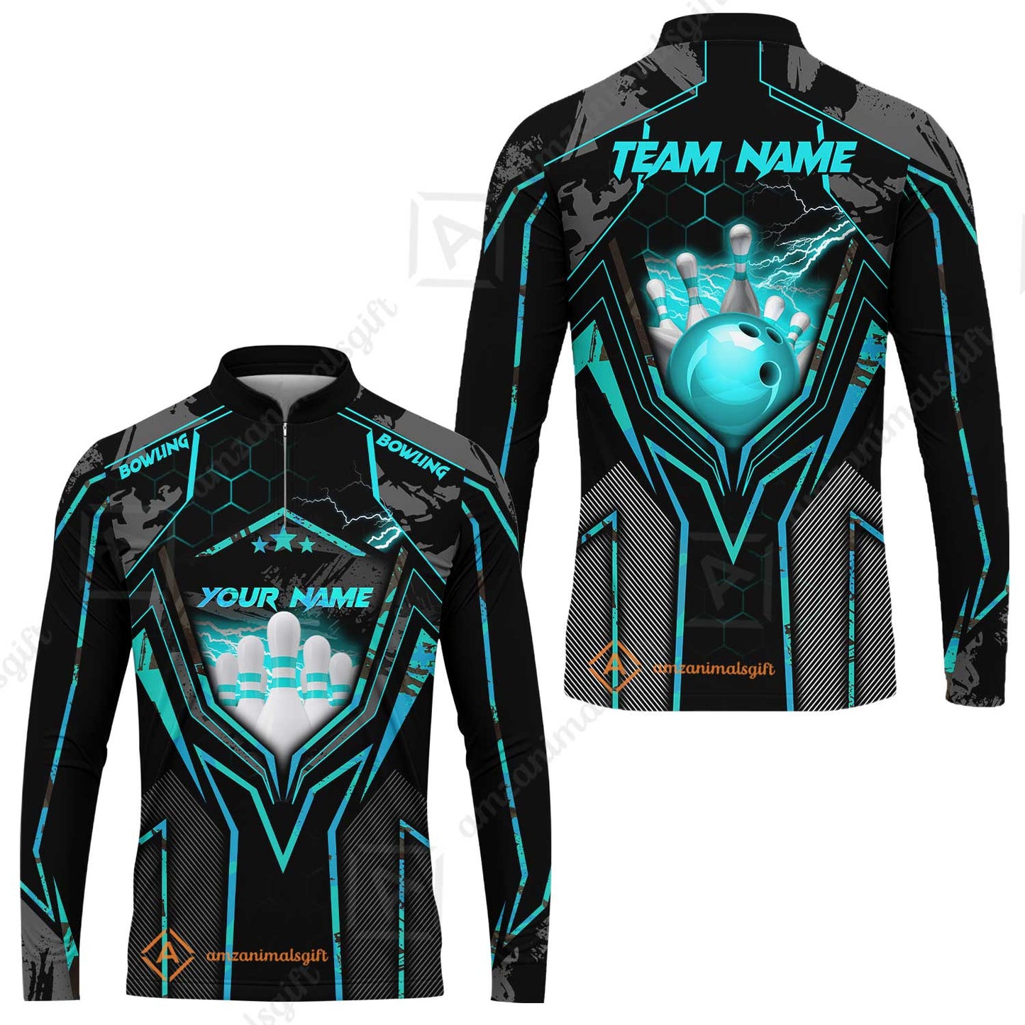 Customized Bowling Jersey, Bowling And Pins Abstract Grunge Texture X Multicolor Option Customized Name And Team Name Zipper Polo Jerseys Shirts