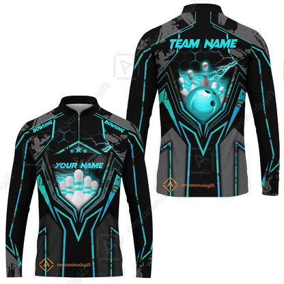Customized Bowling Jersey, Bowling And Pins Abstract Grunge Texture X Multicolor Option Customized Name And Team Name Zipper Polo Jerseys Shirts