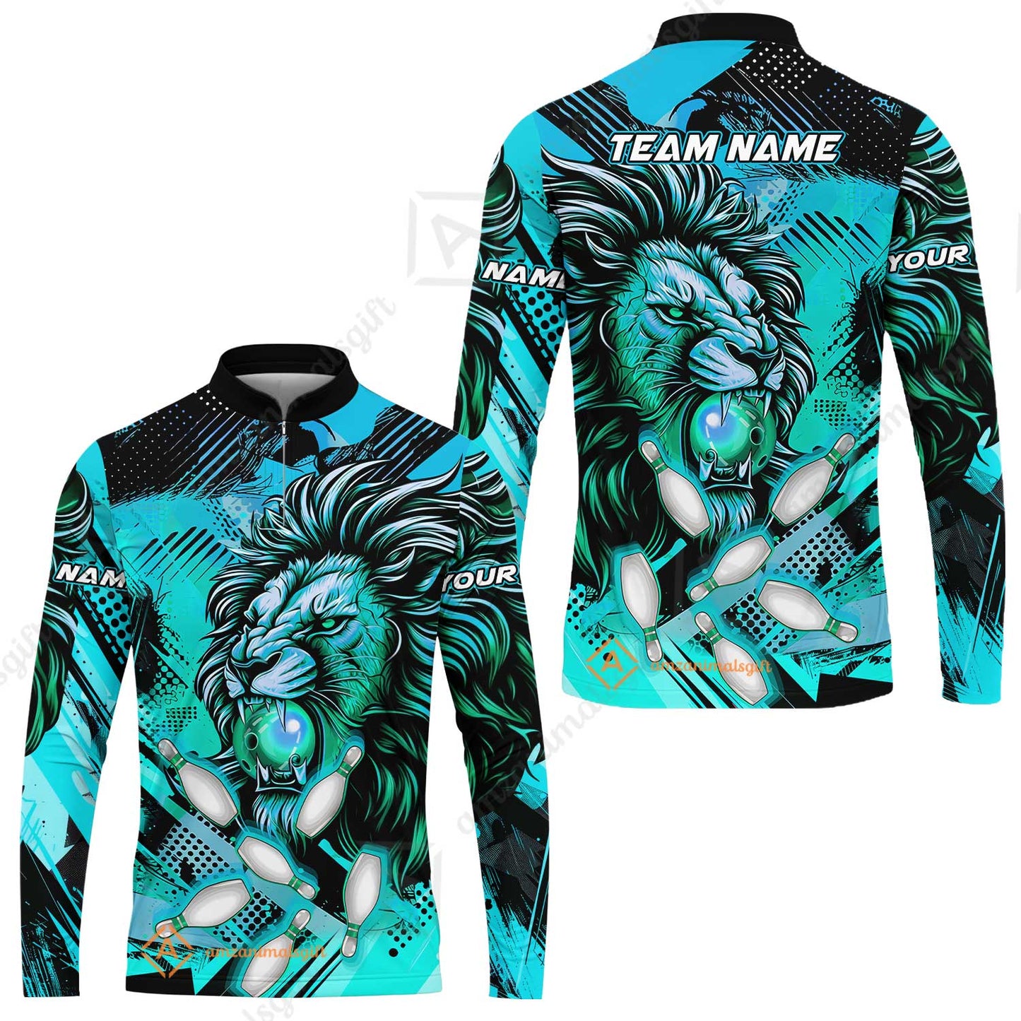 Custom Bowling Team Jerseys Shirts, Bowling uniforms Ball & Pins Lion Pattern Personalized Name And Team Name