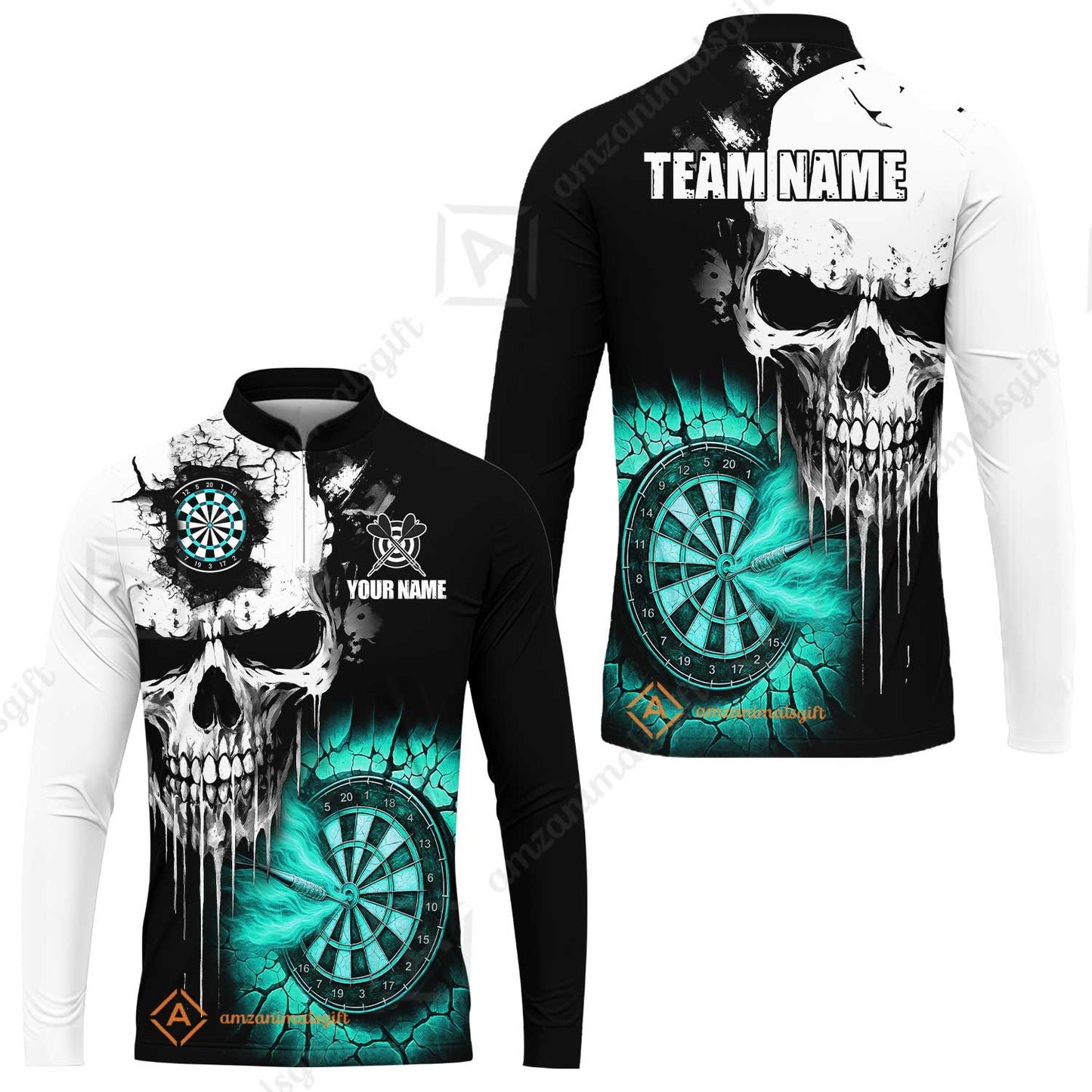 Custom Grunge Skull Crack Wall Darts Team Long Sleeve Jersey, Customized Name Team Name Darts Polo Team Jerseys Uniform