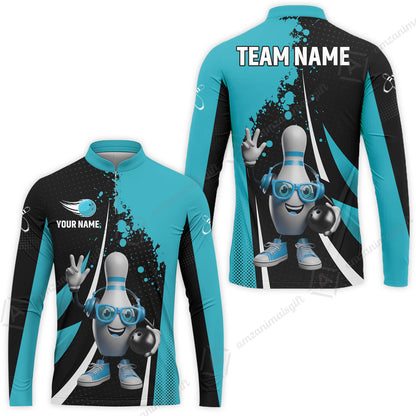 Customized Bowling Unisex Polo Shirt, Halftone Bowling Pin Wearing Headphones Sunglasses, Personalized Name And Team Name