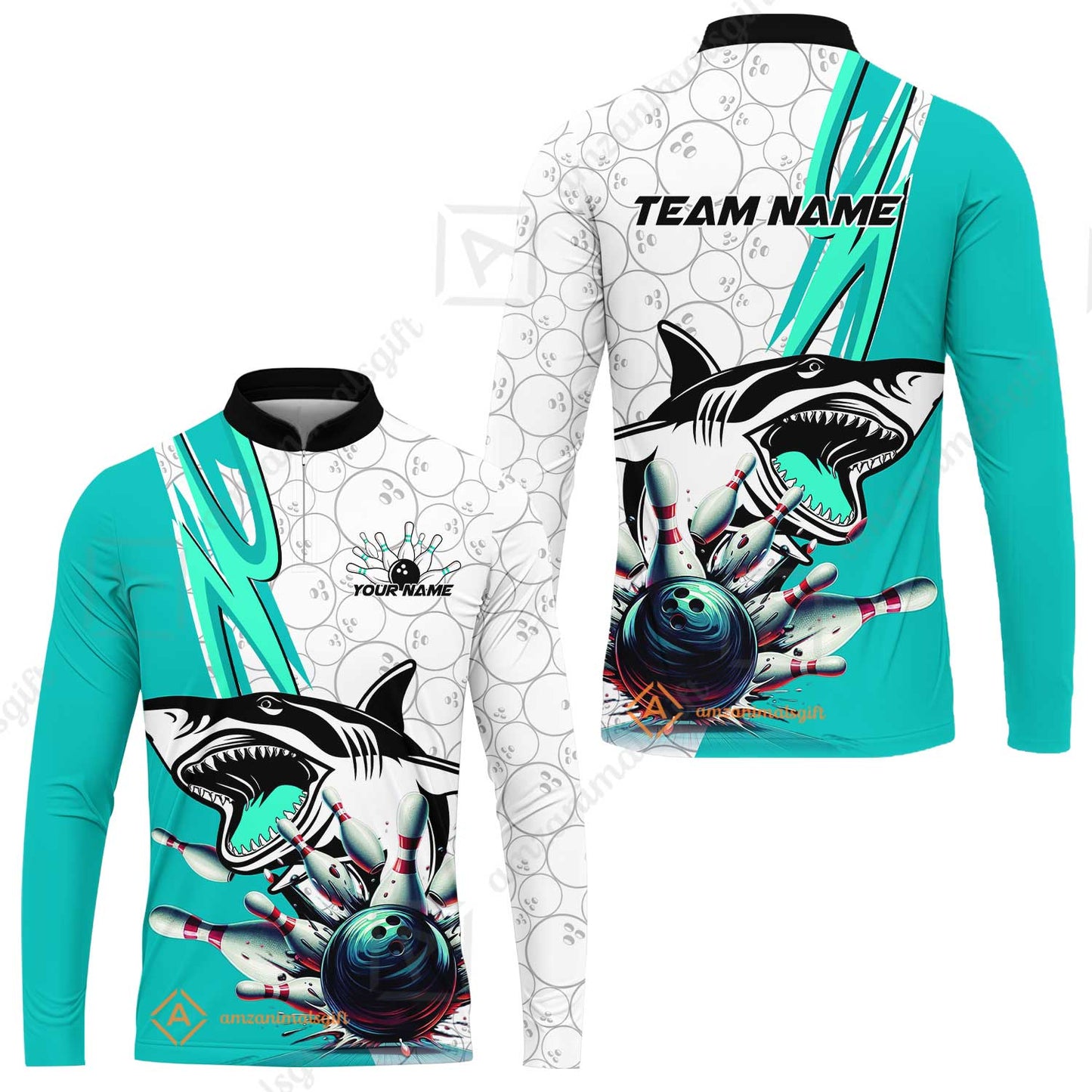 Custom Shark Bowling Team Jersey,  Shark Bowling Jersey Multicolor Polo Quarter-Zip Shirts, Bowling Uniforms Jerseys, Custom Name And Team Name