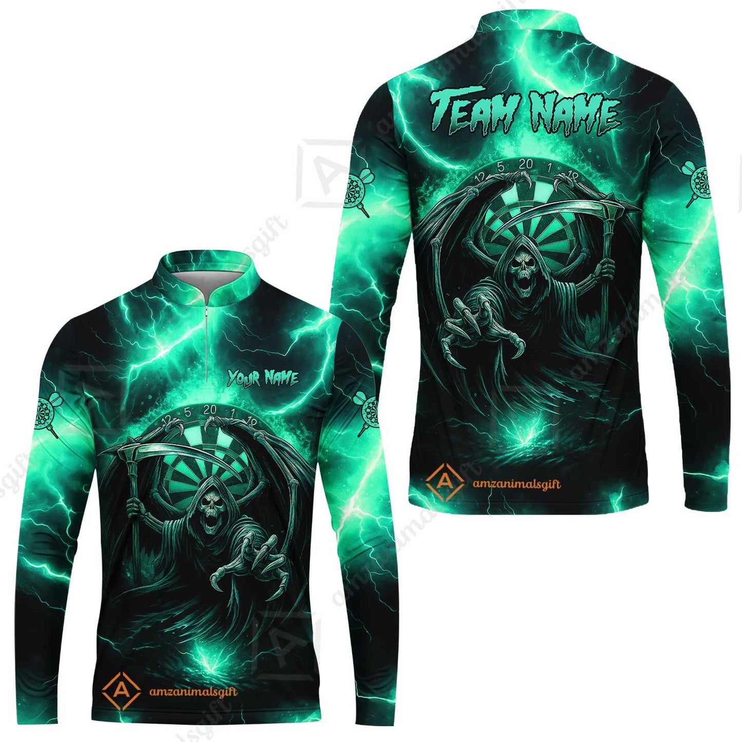 Customized Darts Long Sleeve Jersey, Darts Grim Reaper Thunder Lightning Turquoise And Blue Team Long Sleeve Jersey For Darts Player
