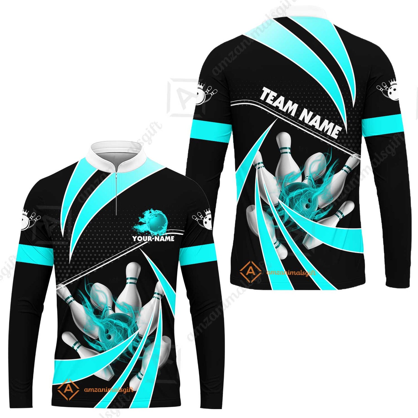 Customized Bowling Long Sleeve Jersey, Bowling Ball & Pins Fire Light Sport Long Sleeve Jersey Multicolor Option For Bowlers