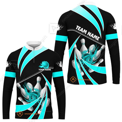 Customized Bowling Long Sleeve Jersey, Bowling Ball & Pins Fire Light Sport Long Sleeve Jersey Multicolor Option For Bowlers