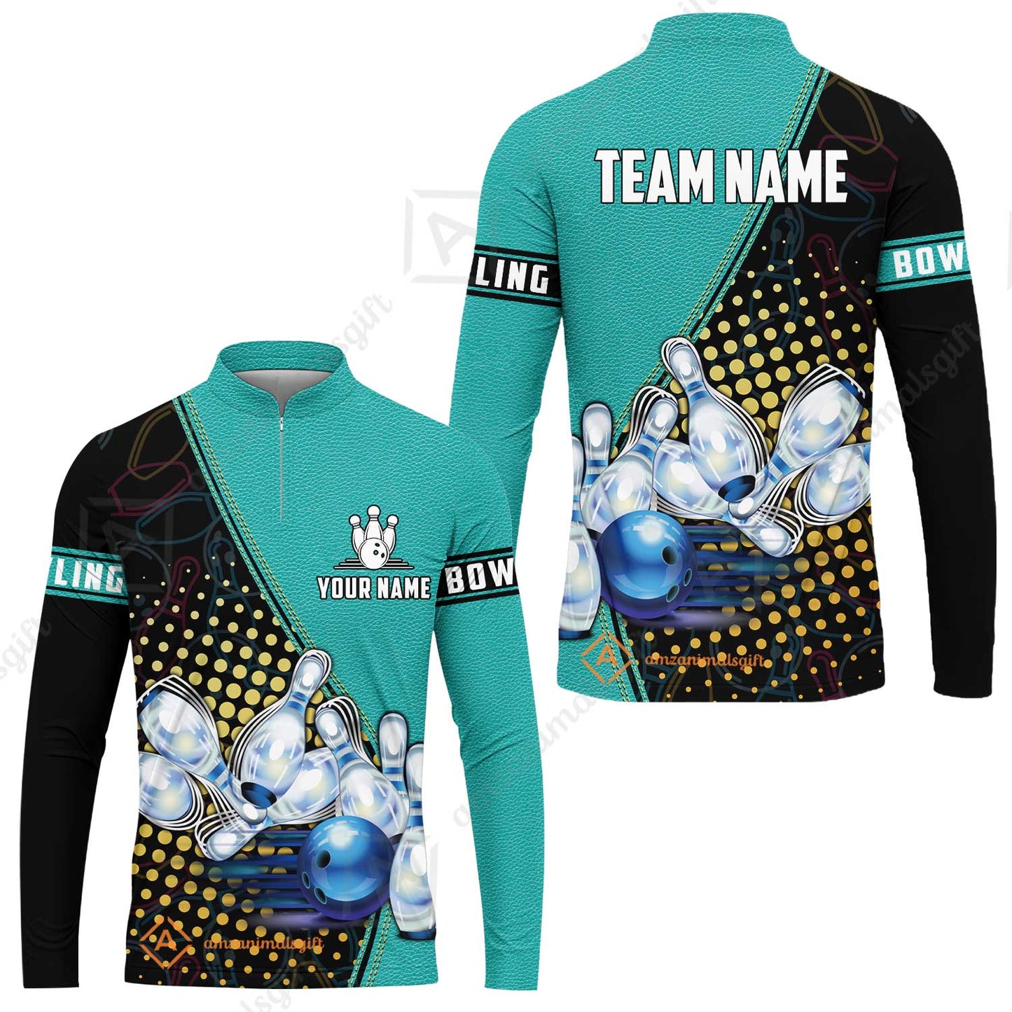 Custom Bowling Long Jersey Shirt - Black And Blue Bowling Ball Pattern Personalized Name Long Jersey Shirt