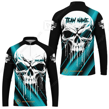 Customized Bowling Polo, Blue Skull Bowling Creepy Style Bowling jerseys Custom Name And Team Shirt