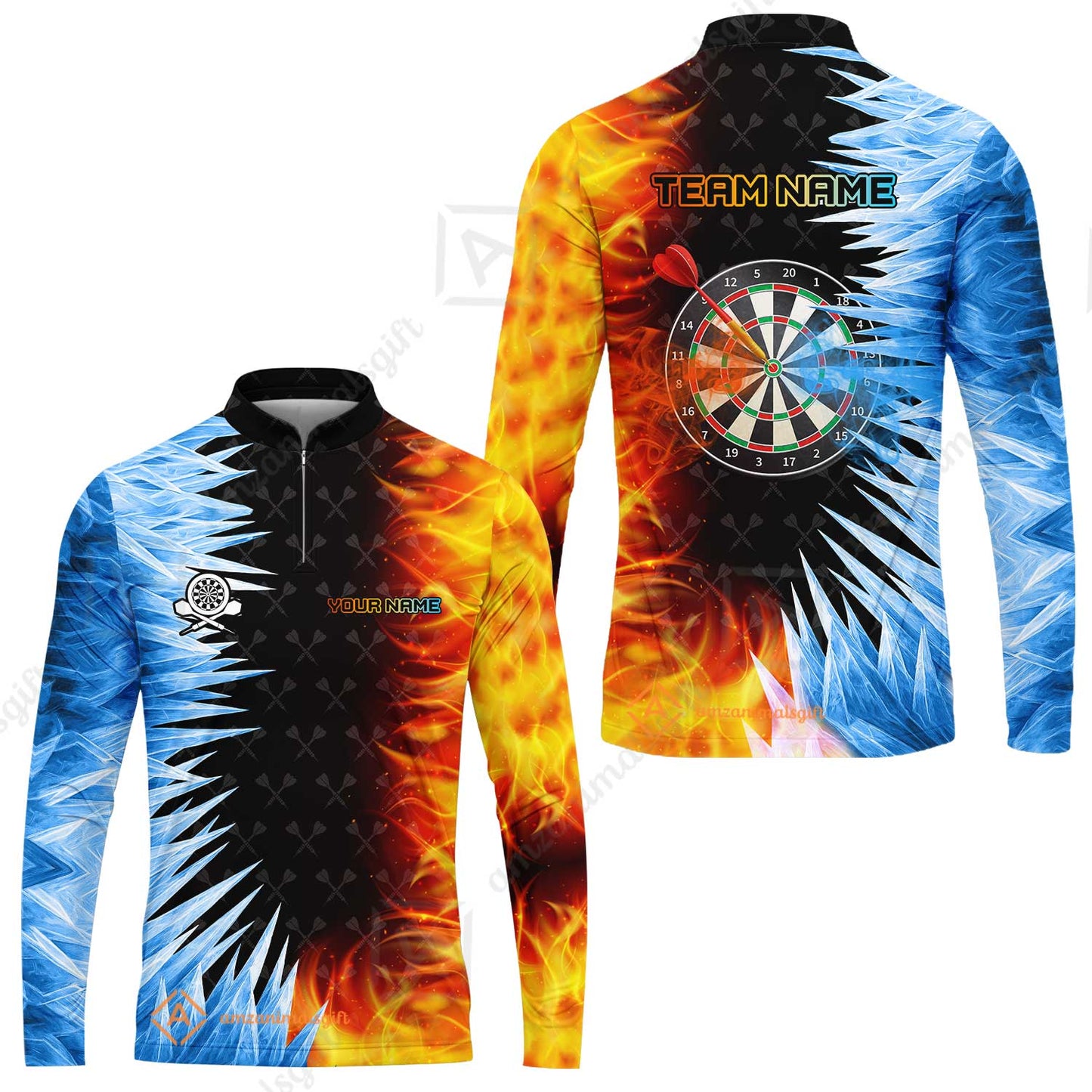 Customized Darts Long Sleeve Jersey, Darts Dartboard Ice And Fire Multicolor Custom Darts Long Sleeve Jersey Team Jersey For Darts Players