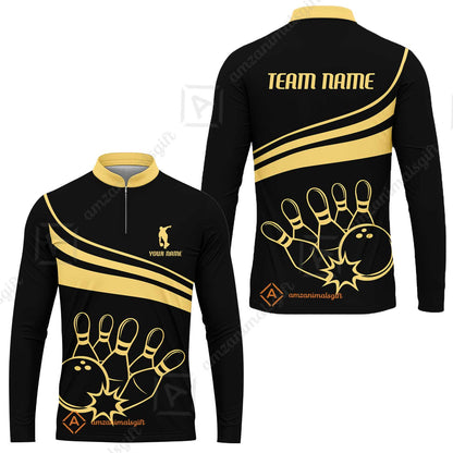Bowling Customized Jersey Black Shirt Gold Curve Bowling Tenpin Quarter Zip Shirt, Outfit For Bowlers, Bowling Team