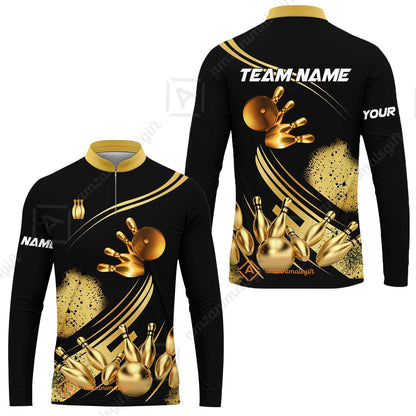 Custom Bowling Team Jerseys Polo Shirts, Bowling Uniforms Ball And Pins Ultimate Golden Multicolor Options Personalized Name And Team Name
