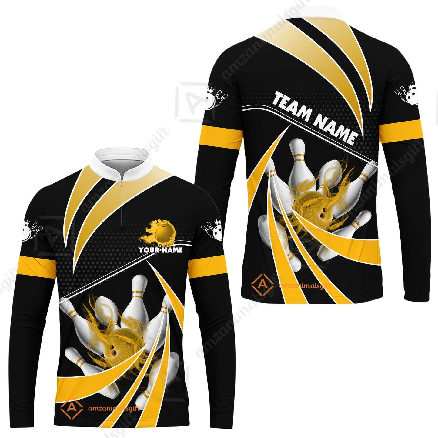 Customized Bowling Long Sleeve Jersey, Bowling Ball & Pins Fire Light Sport Long Sleeve Jersey Multicolor Option For Bowlers