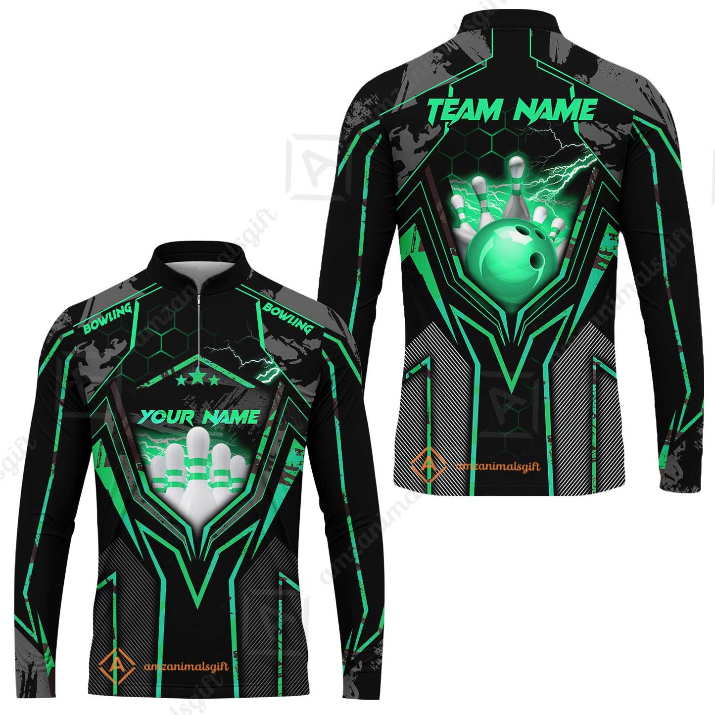 Customized Bowling Jersey, Bowling And Pins Abstract Grunge Texture X Multicolor Option Customized Name And Team Name Zipper Polo Jerseys Shirts