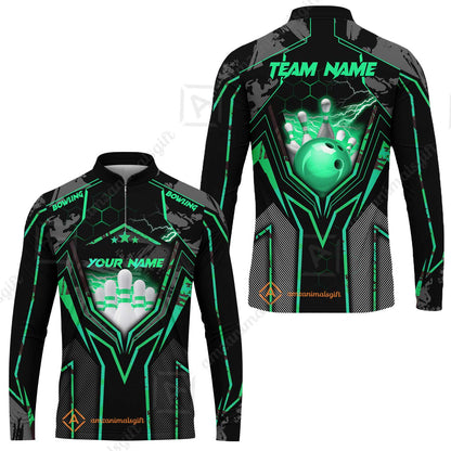 Customized Bowling Jersey, Bowling And Pins Abstract Grunge Texture X Multicolor Option Customized Name And Team Name Zipper Polo Jerseys Shirts