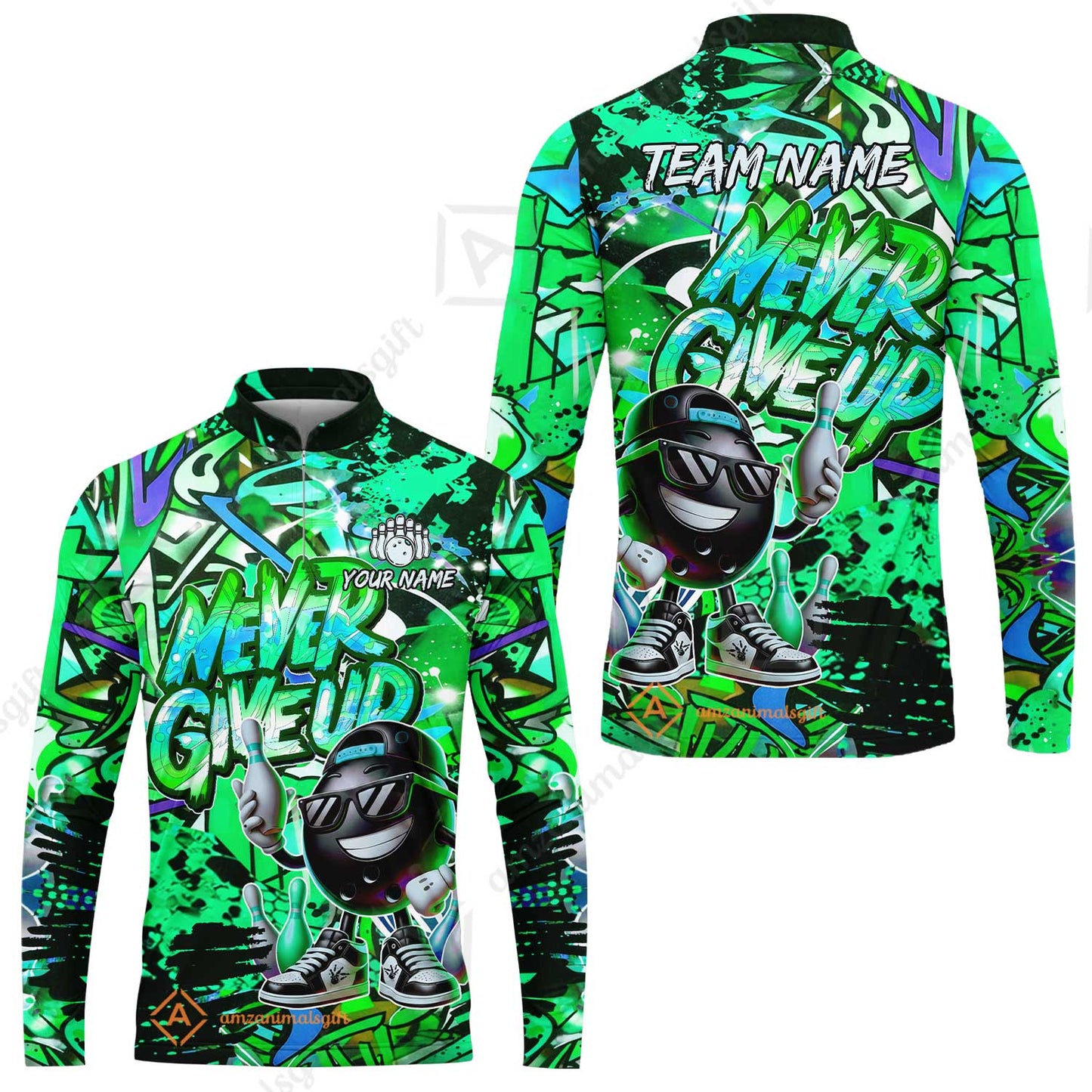 Customized Bowling Unisex Polo Shirt, Graffiti Bowling Funny Never Give Up Bowling Uniform, Personalized Name And Team Name