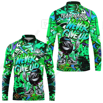 Customized Bowling Unisex Polo Shirt, Graffiti Bowling Funny Never Give Up Bowling Uniform, Personalized Name And Team Name