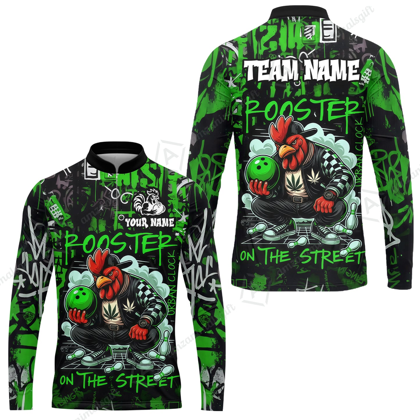 Customized Bowling Unisex Polo Shirt, Urban Streetwear Chicken Bowling Rooster On The Street, Personalized Name Team Name