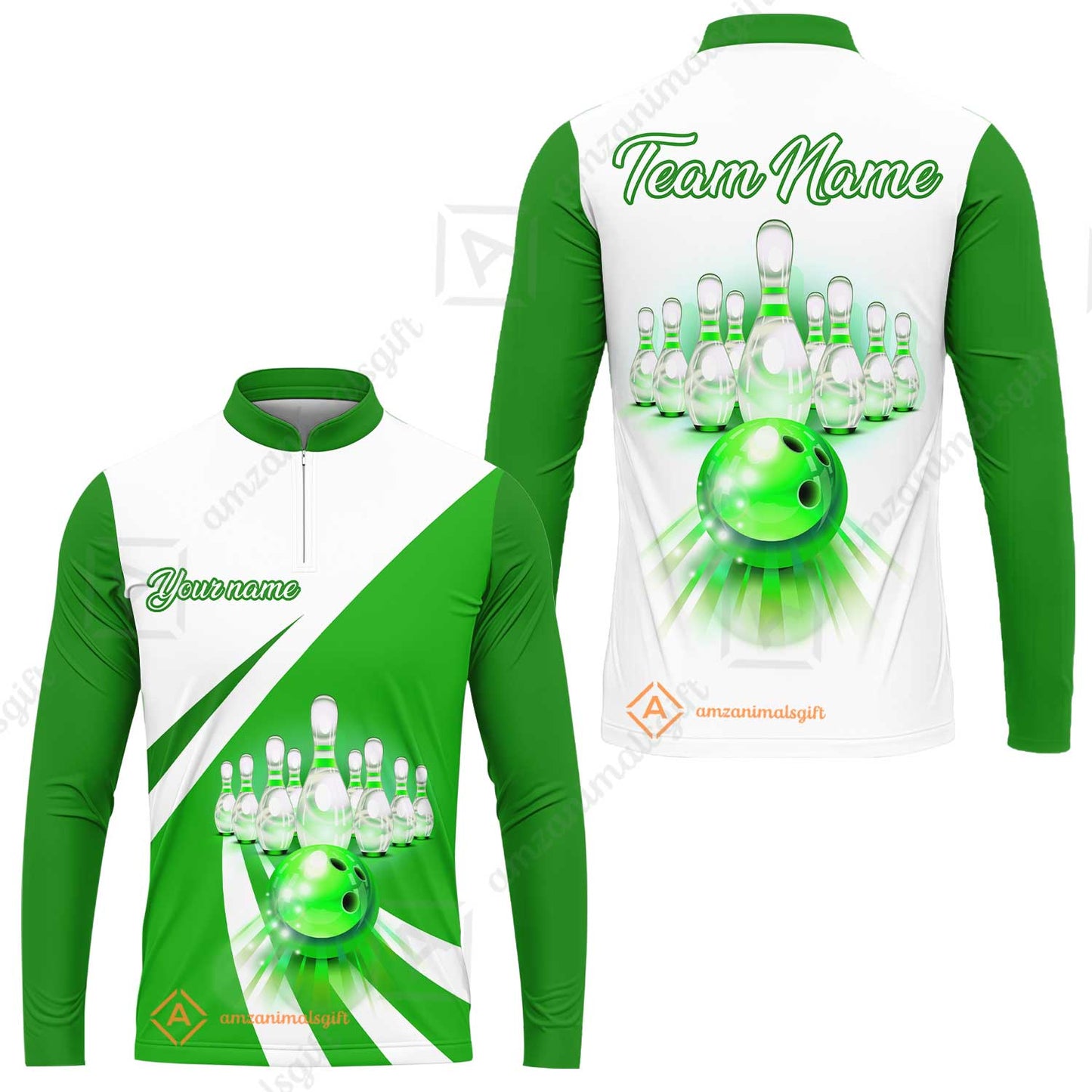 Bowling Customized Jersey White Green Shirt Rolling Bowling Tenpin Quarter Zip Shirt, Outfit For Bowlers, Bowling Team