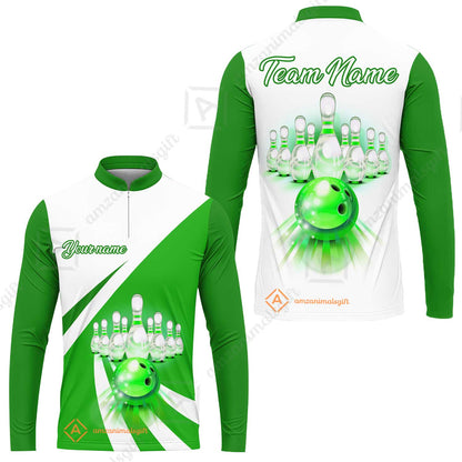 Bowling Customized Jersey White Green Shirt Rolling Bowling Tenpin Quarter Zip Shirt, Outfit For Bowlers, Bowling Team